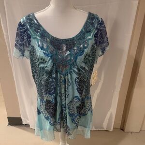ONE WORLD Blue and Teal Paisley Blouse